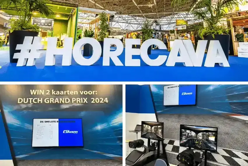 F1-simulatoropstelling van WePlay United op de Horecava-beurs met leaderboard en Dutch Grand Prix-actie